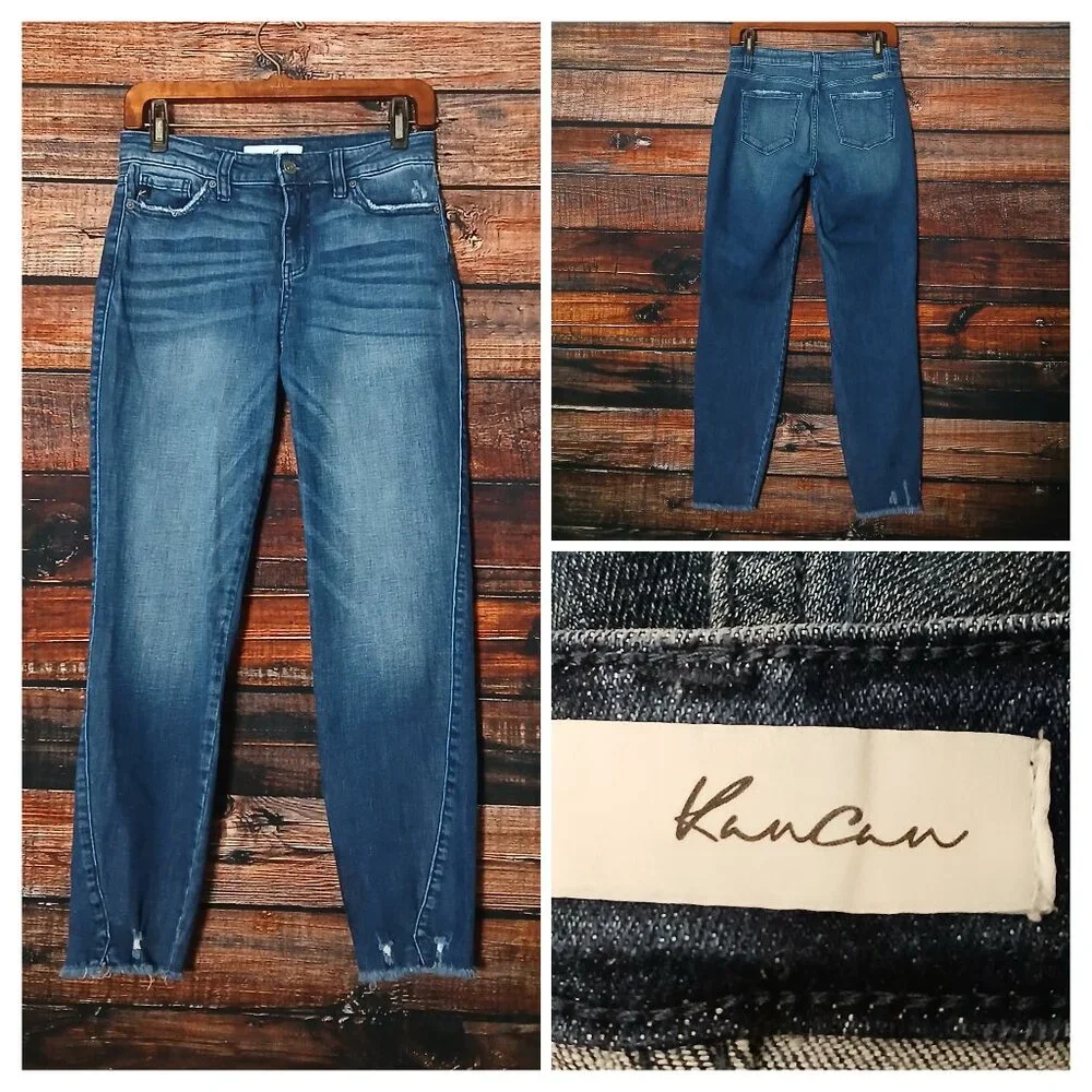 Kancan Jeans 27 7 Mom Raw Hem Distressed Dark Wash Denim Stretch